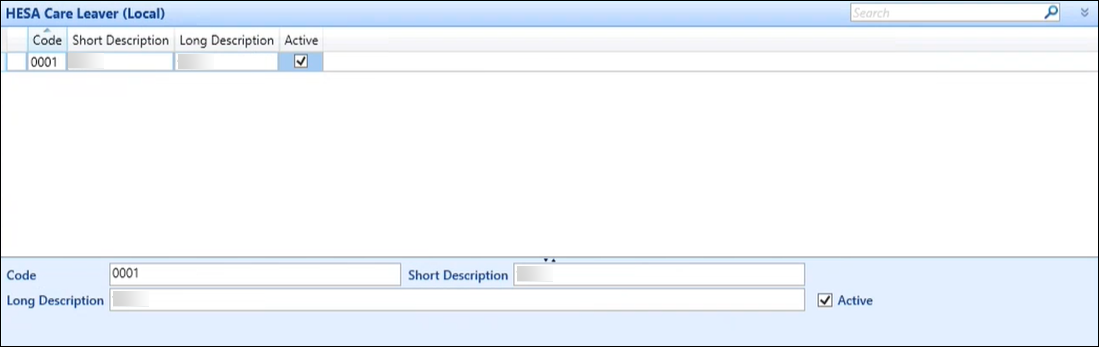 HESA Care Leaver (Local) reference data screen